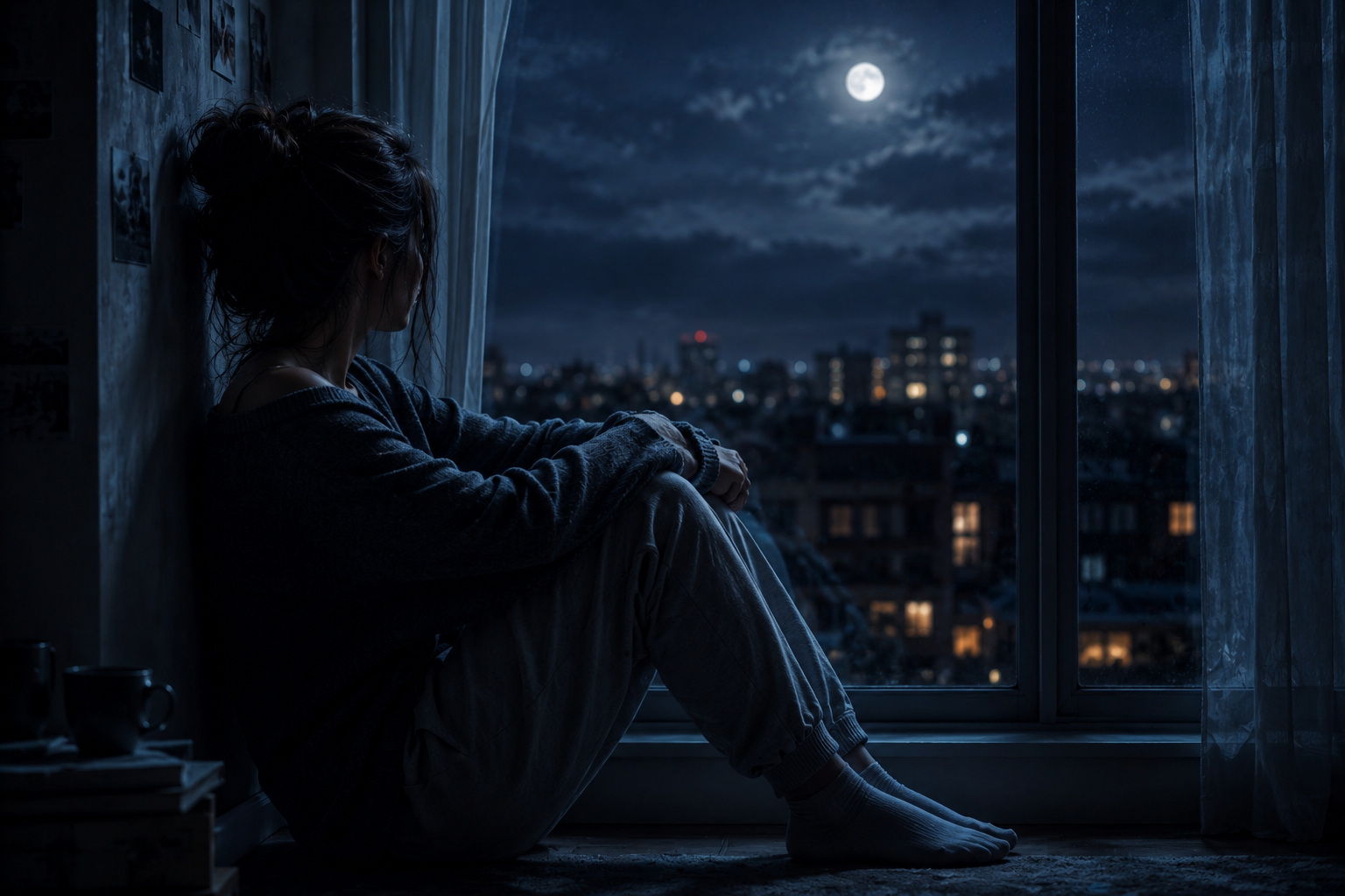 a person sitting alone at night with soft moonlight