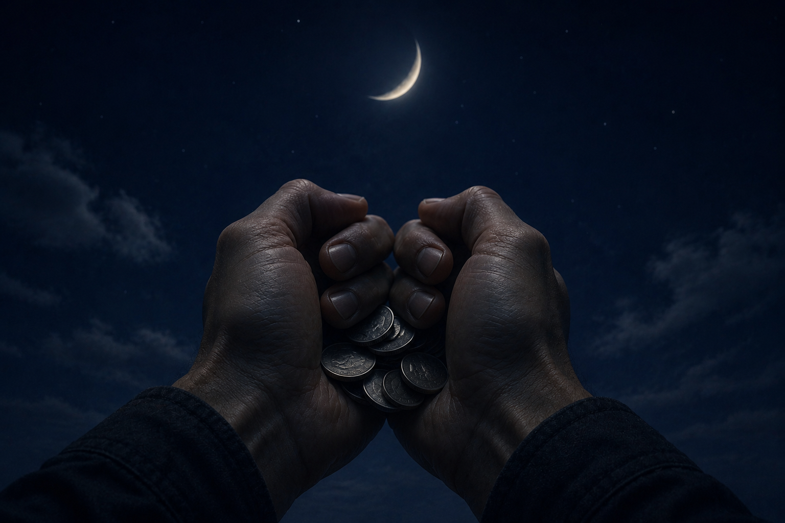 open hands under a night sky with a glowing moon